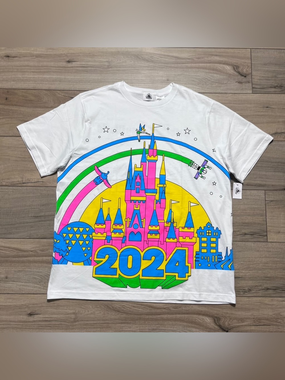 Disney Unisex Neon Castle & Epcot Ball 2024 Short Sleeve Graphic Tee XL White